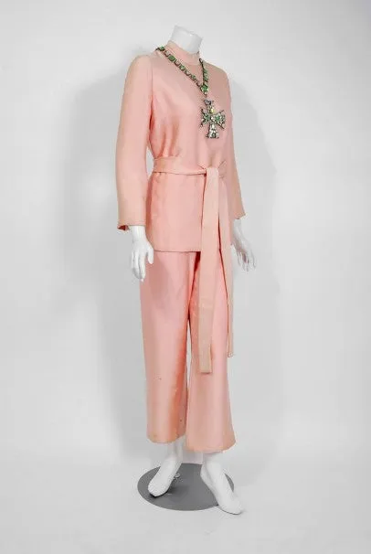 1968 Norman Norell Light-Pink Silk Jeweled Maltese Cross Belted Tunic Pantsuit