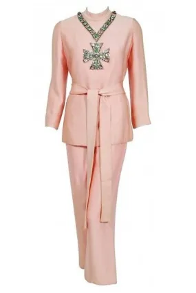 1968 Norman Norell Light-Pink Silk Jeweled Maltese Cross Belted Tunic Pantsuit