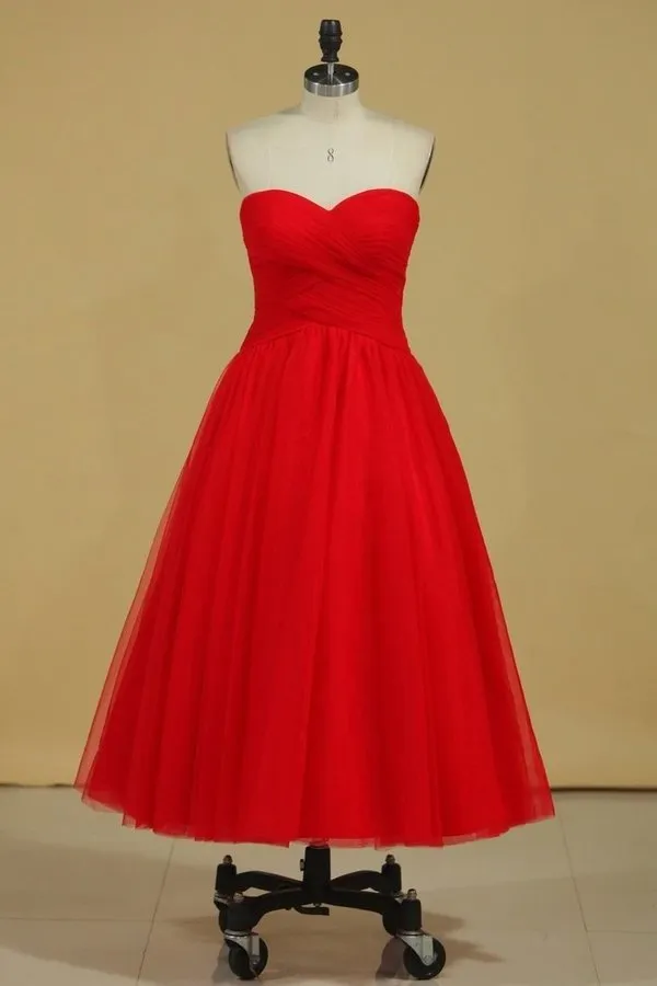 2024 Red Sweetheart Prom Dresses A Line Tulle With Ruffles Ankle Length PR3M527M