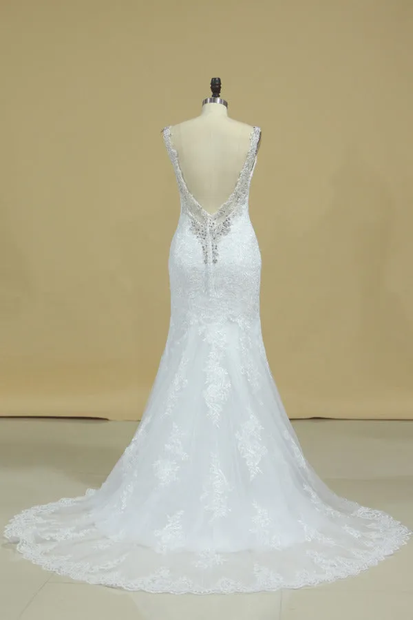 2024 Spaghetti Straps Wedding Dresses Mermaid Open Back With Applique And PTJM5FSE