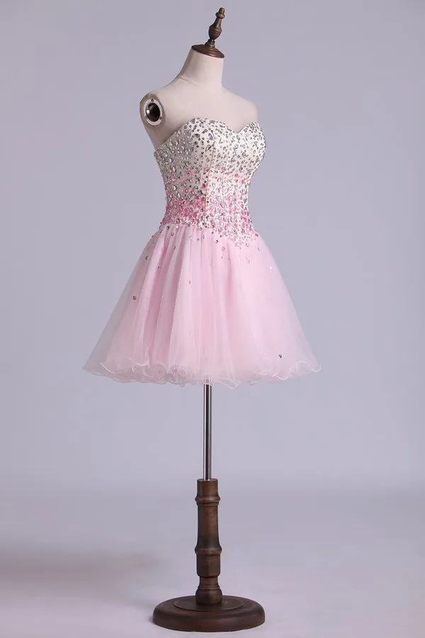 2024 Sweetheart A Line Short/Mini Prom Dress With Full Beaded PJJEJRRL