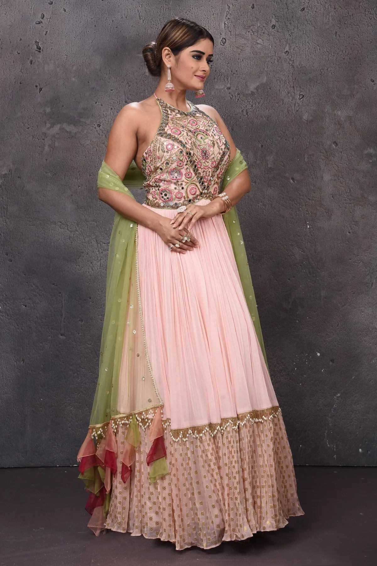 502834 Powder Pink Designer Lehenga with Green Dupatta