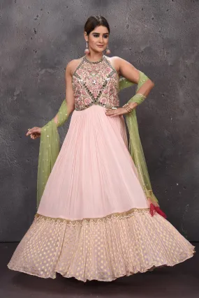 502834 Powder Pink Designer Lehenga with Green Dupatta