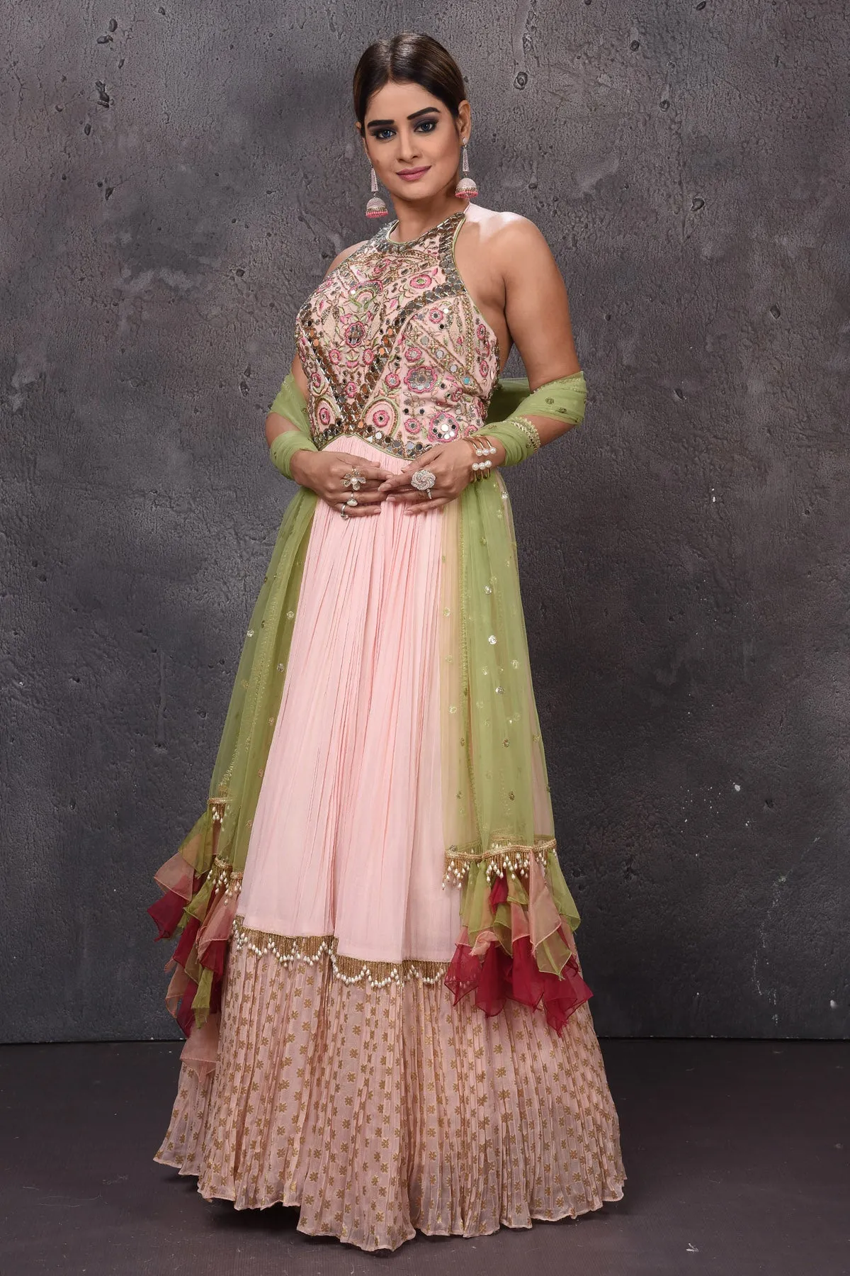 502834 Powder Pink Designer Lehenga with Green Dupatta