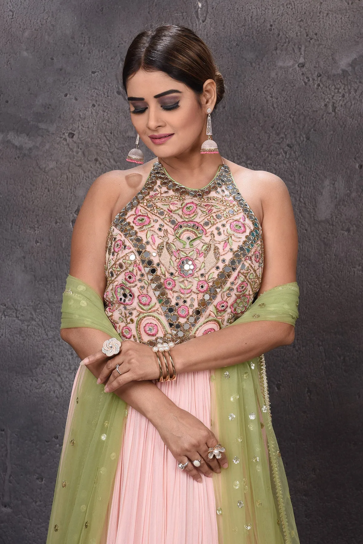 502834 Powder Pink Designer Lehenga with Green Dupatta