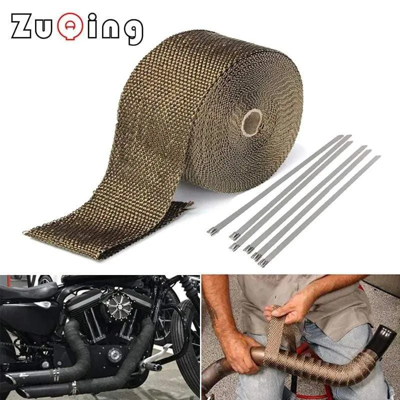 5cm*5M Motorcycle Exhaust Heat Wrap Thermal Tape Fiberglass Heat Wrap Manifold Insulation Roll Resistant with Stainless Ties