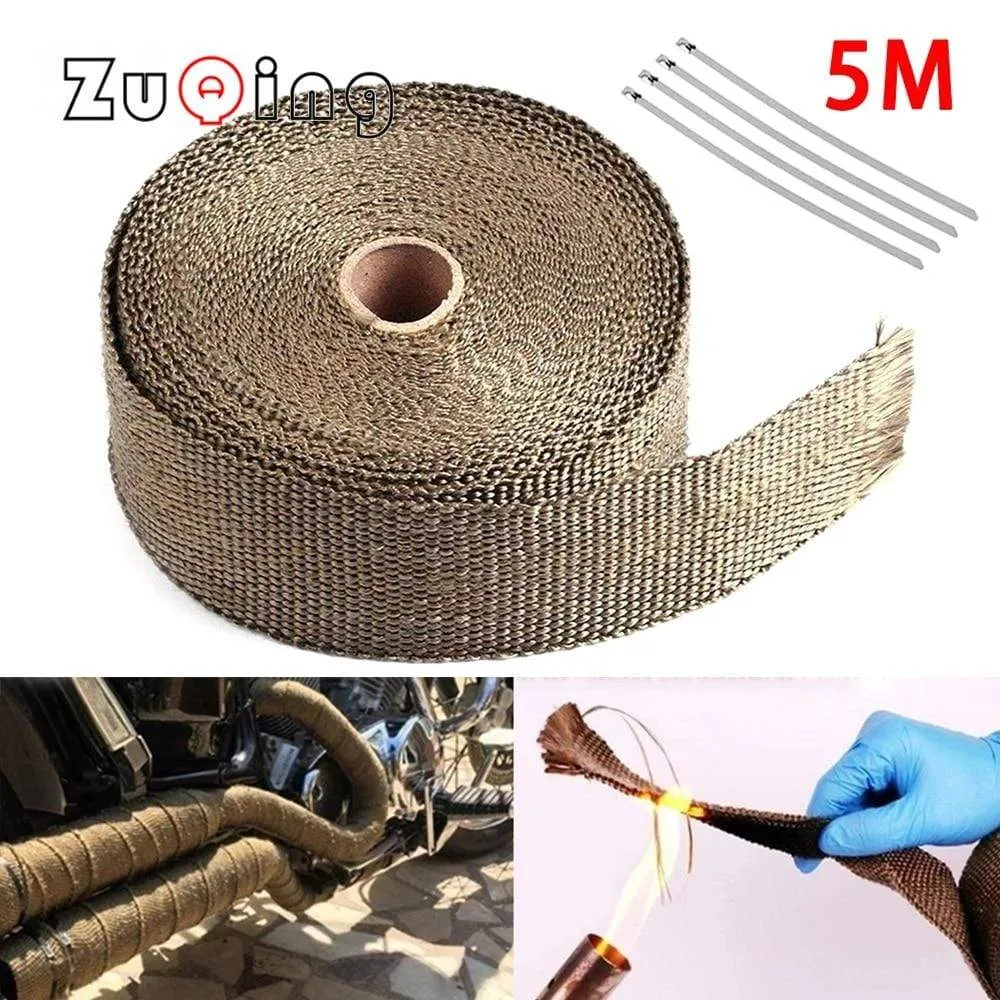 5cm*5M Motorcycle Exhaust Heat Wrap Thermal Tape Fiberglass Heat Wrap Manifold Insulation Roll Resistant with Stainless Ties