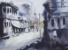 A landscape painting of a Road  in Banaras: Digital Print of a road in Varanasi