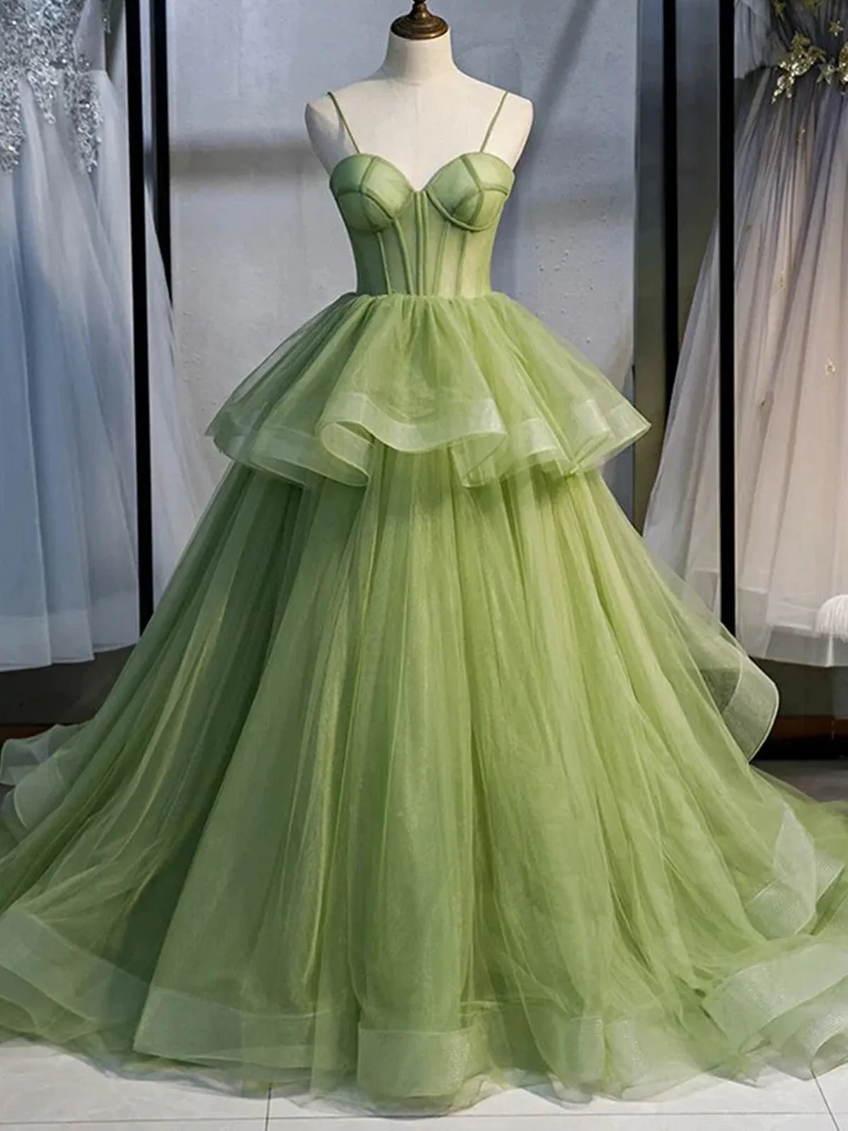 A Line Green Tulle Long Prom Dresses With Train, Green Tulle Long Formal Evening Dresses