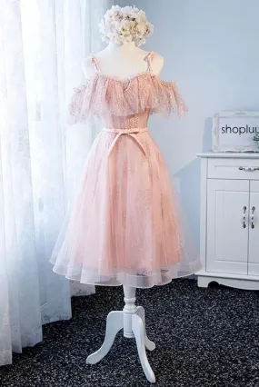 A Line Pink Tulle Lace Homecoming Dress Cute Short Prom Gown with Pearls