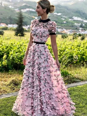 A Line Round Neck Short Sleeves Prom with 3D Flowers, 3D Flowers Pink Formal, Graduation