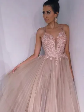 A Line Spaghetti Straps Backless Pink Lace Appliques Champagne Prom, Lace Champagne Formal, Champagne Evening