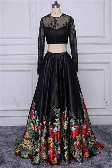 A line Two Piece Black Long Sleeve Prom Dress With Floral Print Skirt Evening Dresses KS6541