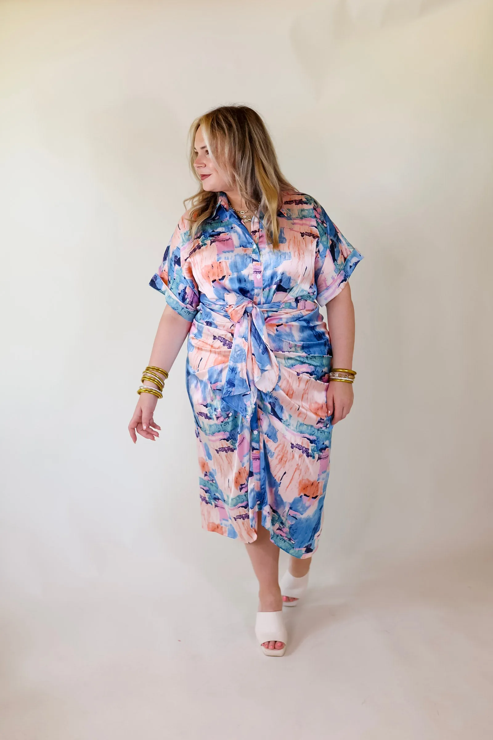 Abstract Meetings Collared Button Up Midi Dress With a Tied Waist in Blue and Coral Pink