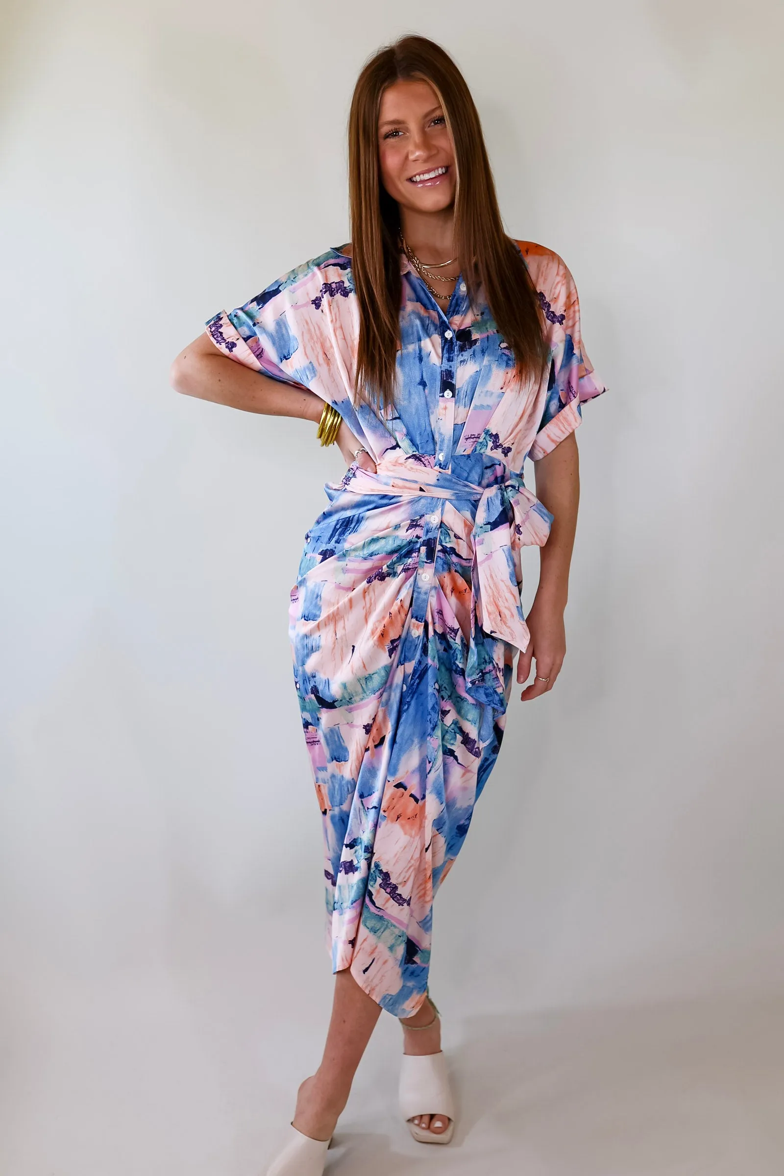 Abstract Meetings Collared Button Up Midi Dress With a Tied Waist in Blue and Coral Pink