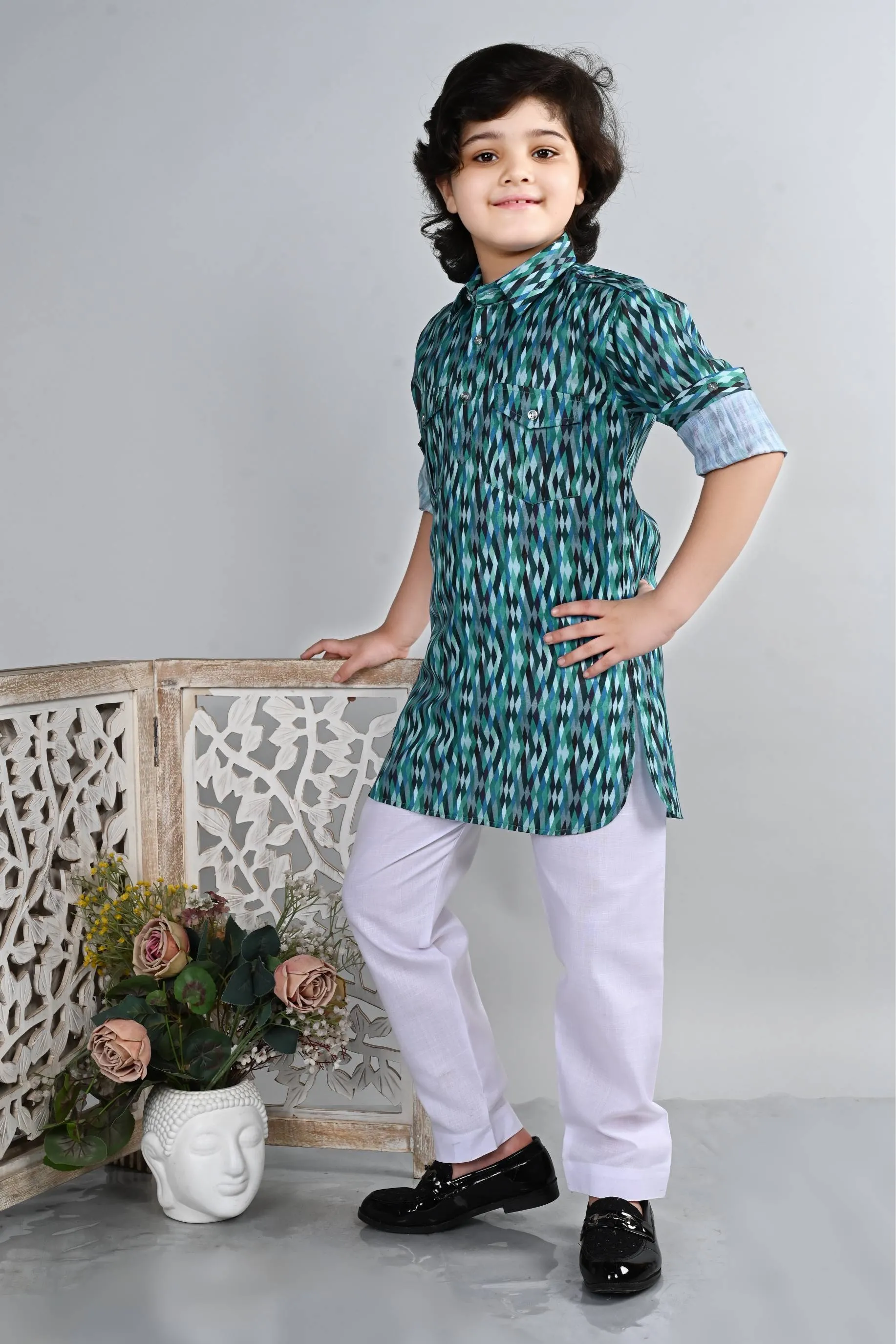 Ahhaaaa Kid's Indian Ethnic Wear Floral Printed Kurta and Patiala Set for Boys