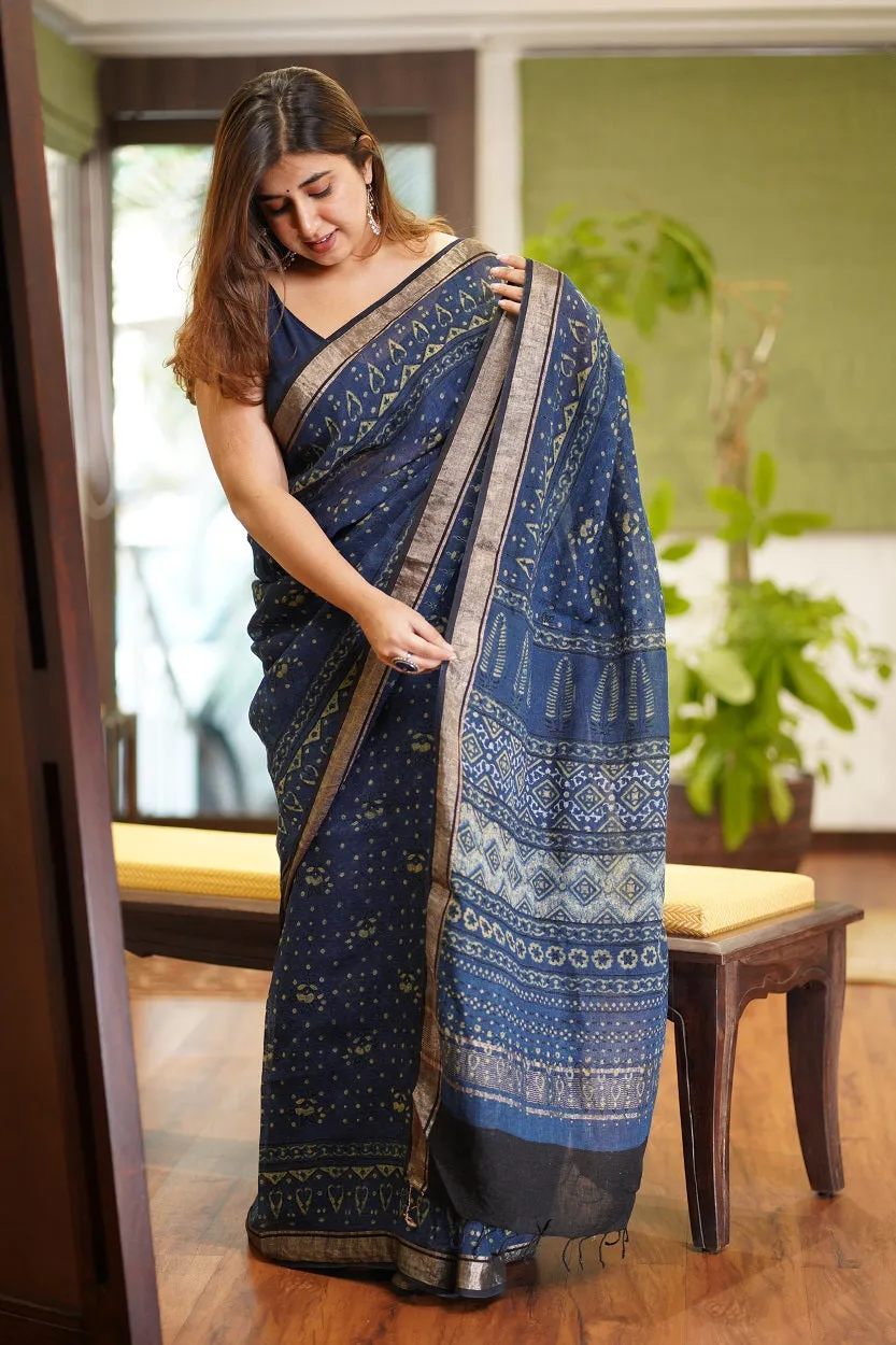 Ajrakh Hand Block Printed Linen Saree