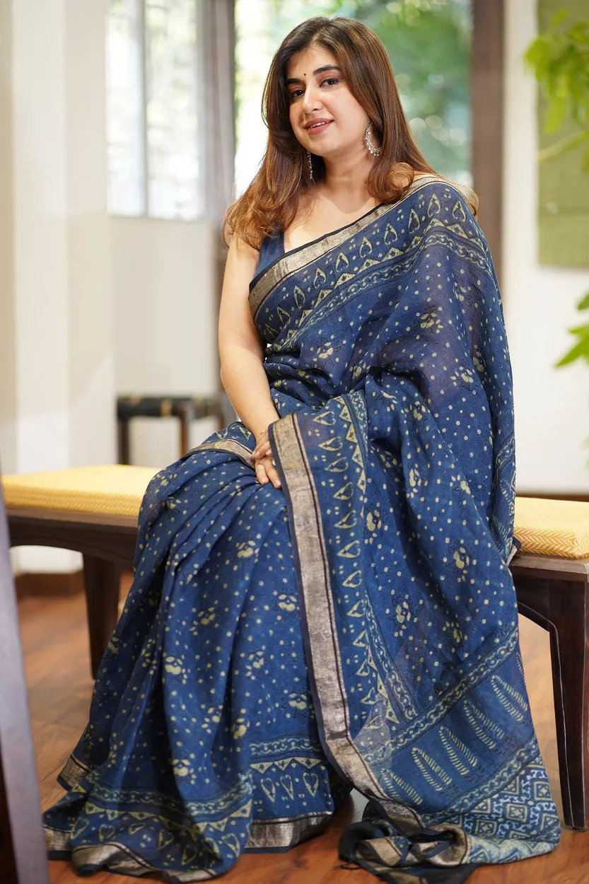 Ajrakh Hand Block Printed Linen Saree