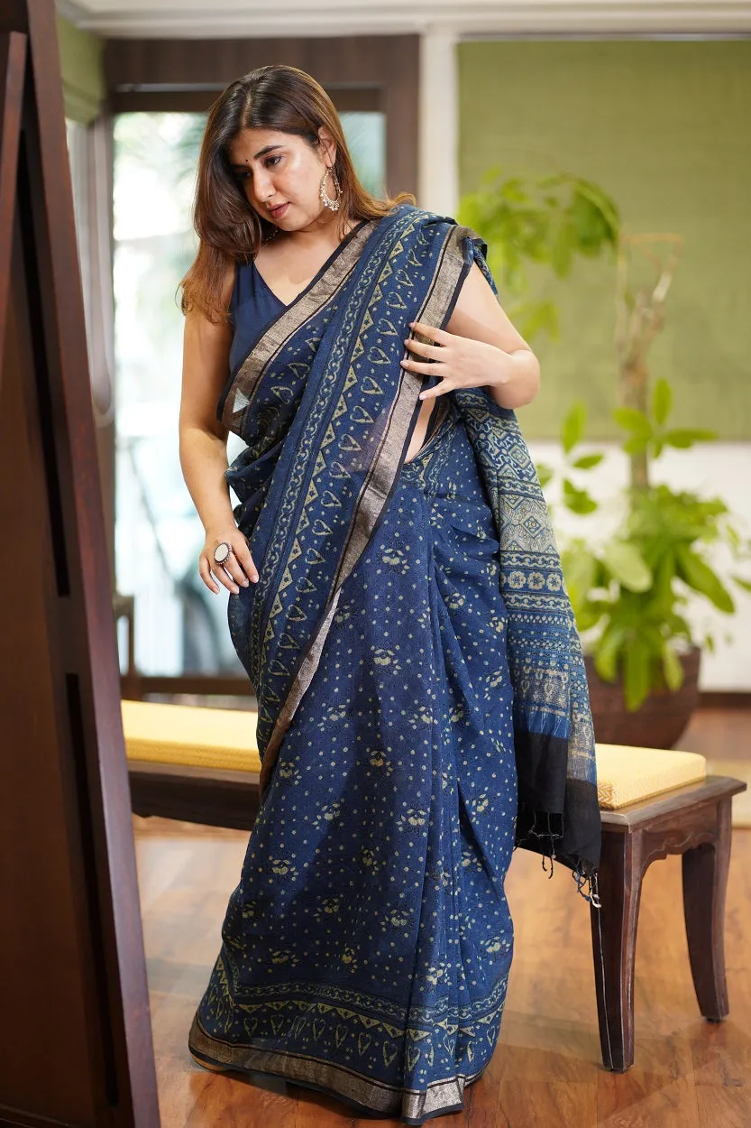 Ajrakh Hand Block Printed Linen Saree