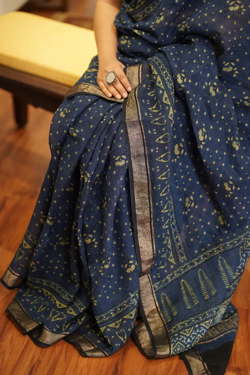 Ajrakh Hand Block Printed Linen Saree