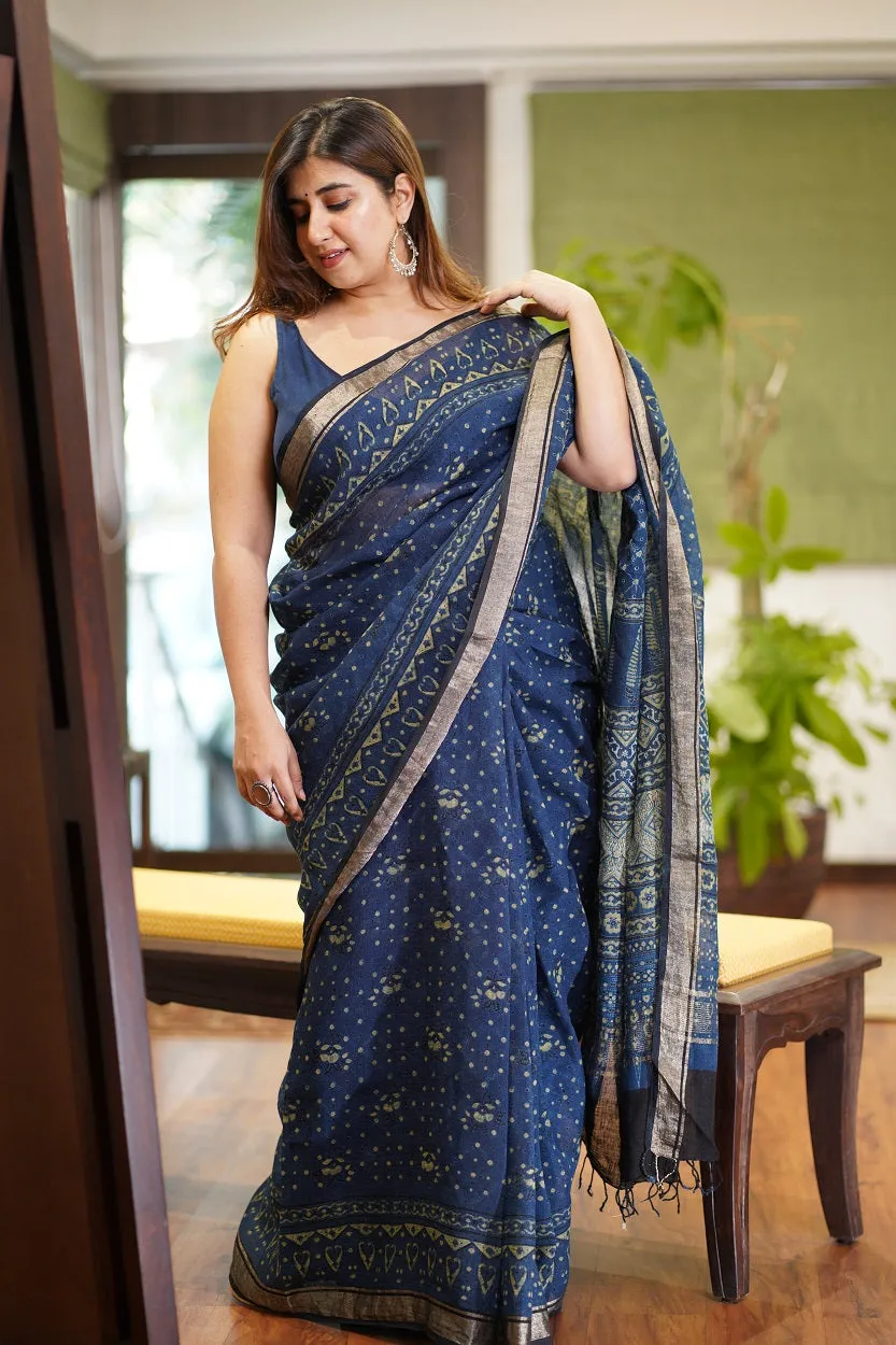 Ajrakh Hand Block Printed Linen Saree