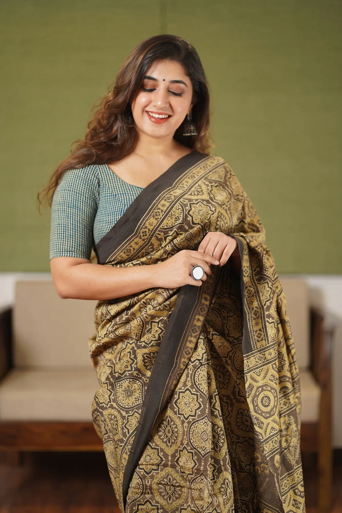 Ajrakh Natural Dyed Chanderi Silk Saree