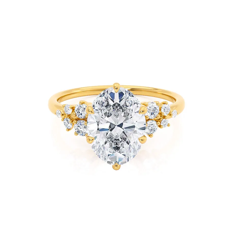 ALYA - Oval Moissanite Starburst Cluster Shoulder Set Engagement Ring 18k Yellow Gold