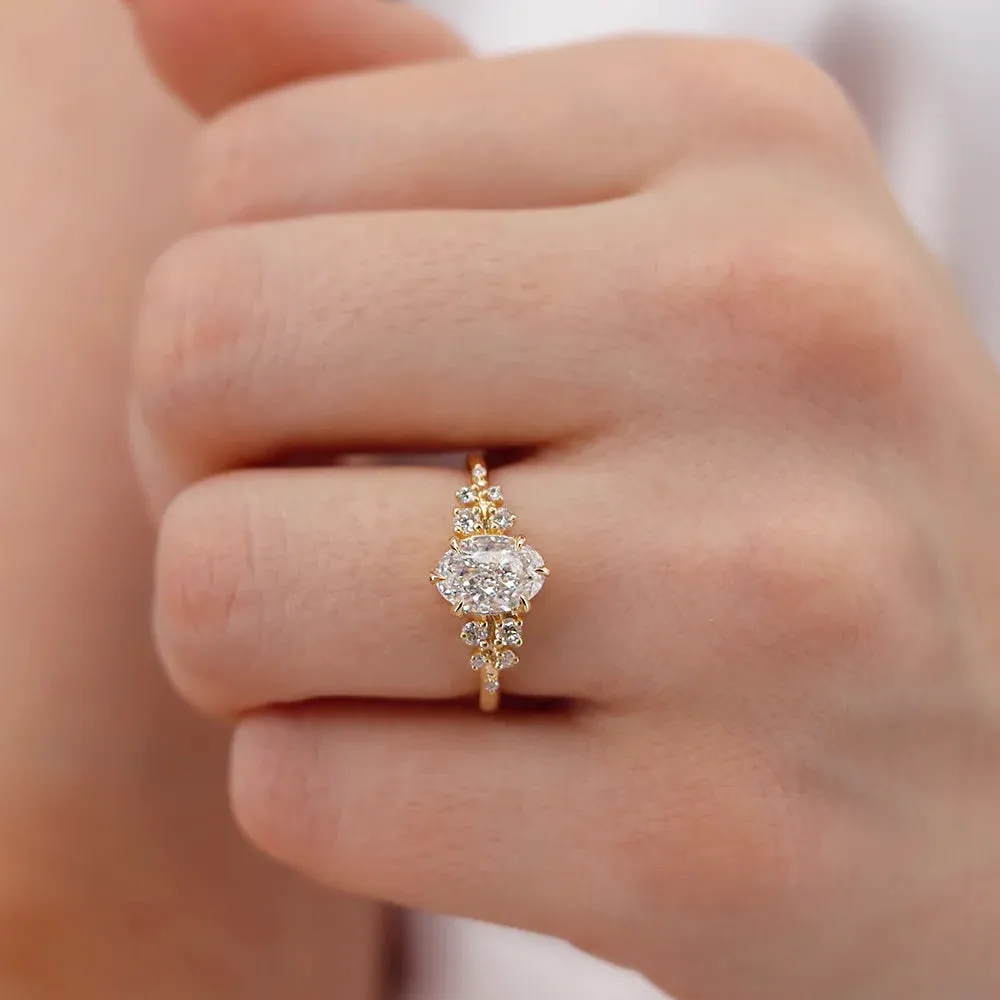 ALYA - Oval Moissanite Starburst Cluster Shoulder Set Engagement Ring 18k Yellow Gold