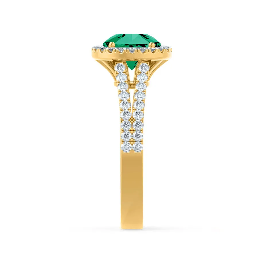 AMELIA - Chatham® Lab Grown Emerald & Diamond 18k Yellow Gold Halo Ring