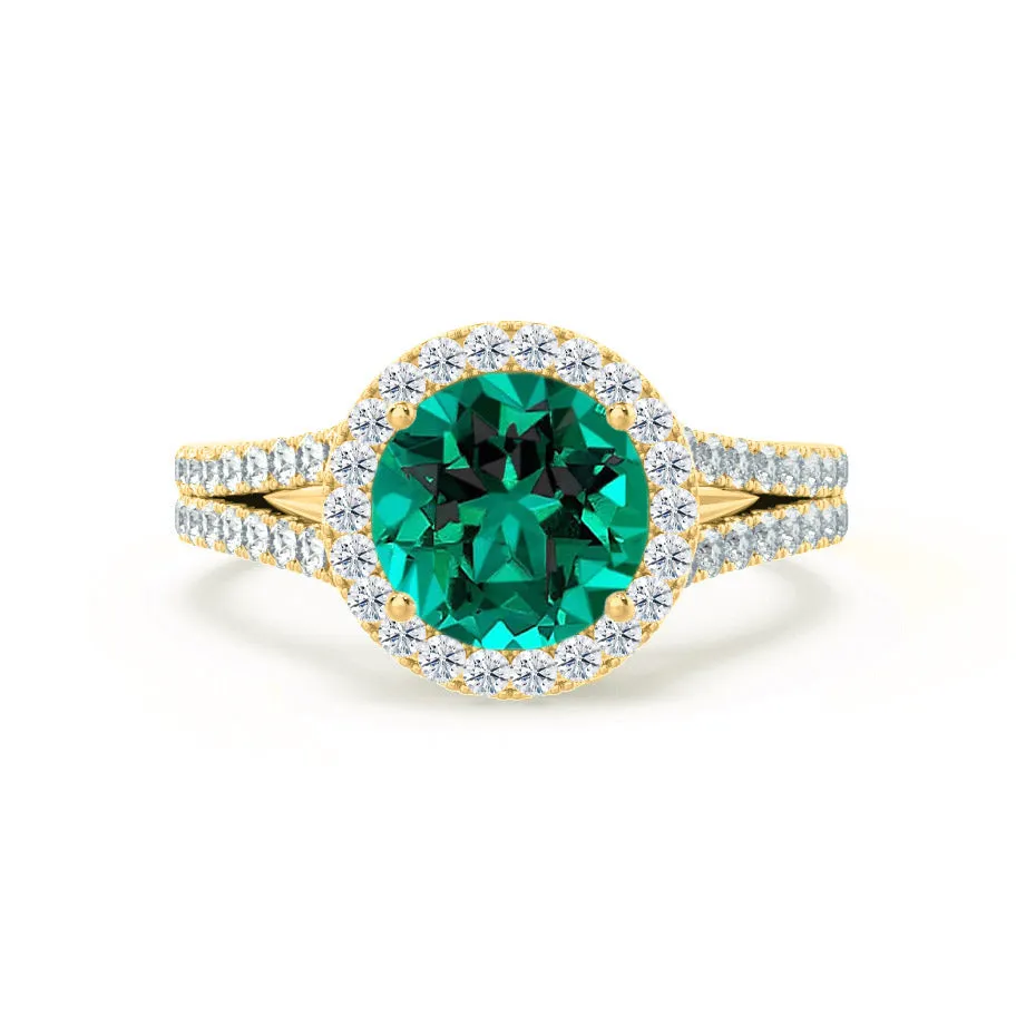 AMELIA - Chatham® Lab Grown Emerald & Diamond 18k Yellow Gold Halo Ring