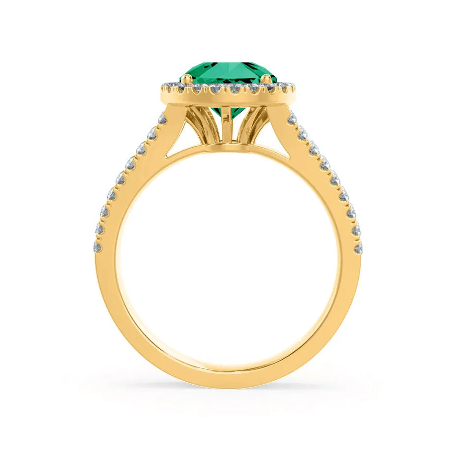 AMELIA - Chatham® Lab Grown Emerald & Diamond 18k Yellow Gold Halo Ring