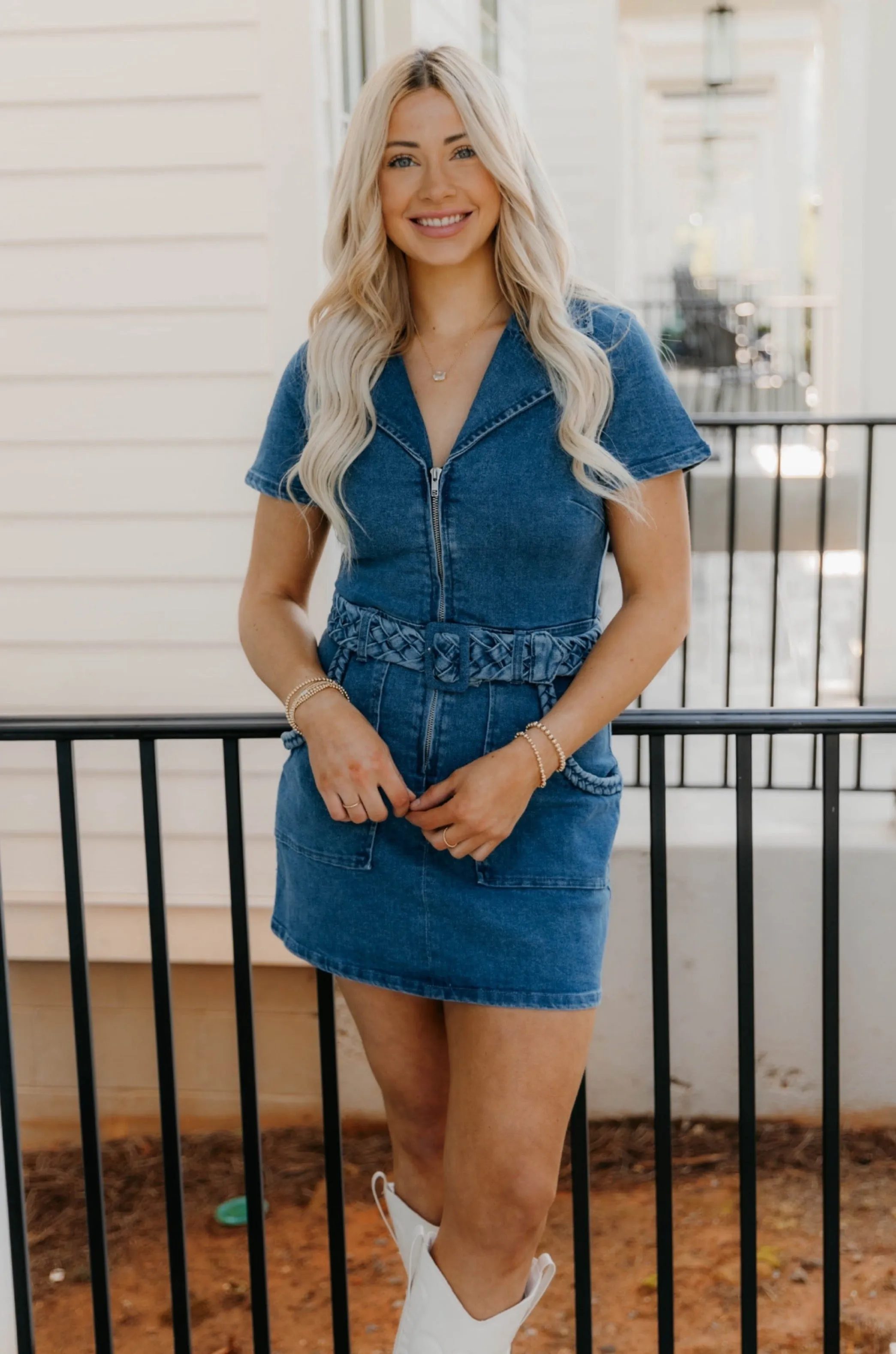 Aubrey Zip Up Belted Denim Mini Dress