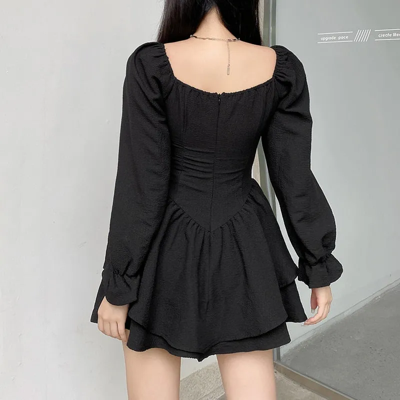 Autumn Spring Elegant Fashion A Line Sexy Slim Solid Square Collar Puff Sleeve Mini Dresses For