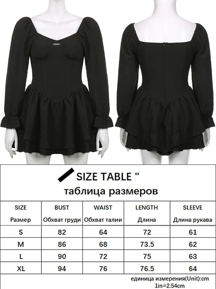 Autumn Spring Elegant Fashion A Line Sexy Slim Solid Square Collar Puff Sleeve Mini Dresses For