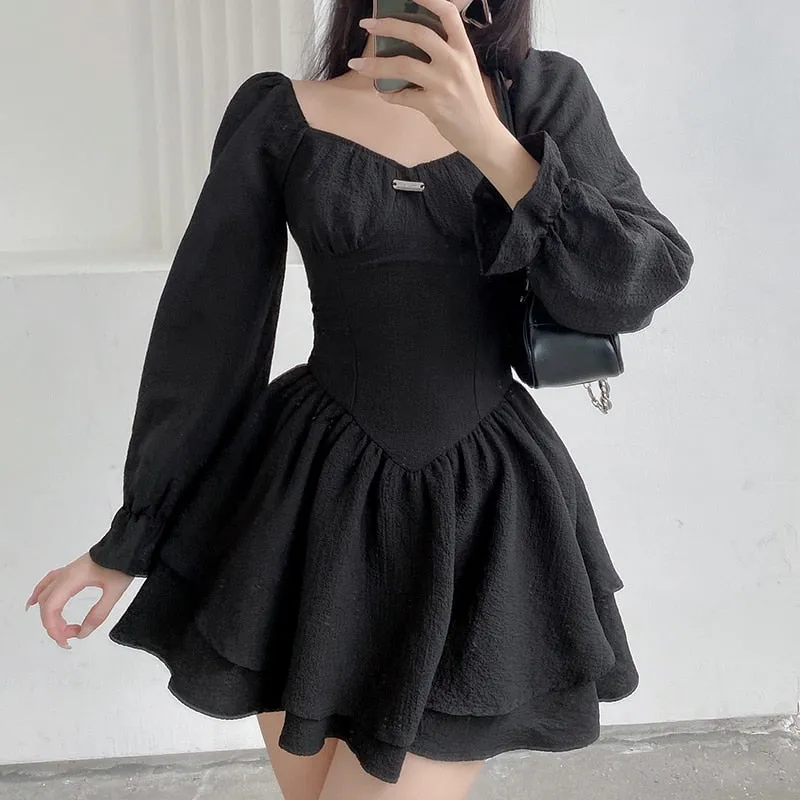 Autumn Spring Elegant Fashion A Line Sexy Slim Solid Square Collar Puff Sleeve Mini Dresses For