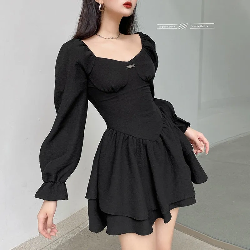 Autumn Spring Elegant Fashion A Line Sexy Slim Solid Square Collar Puff Sleeve Mini Dresses For