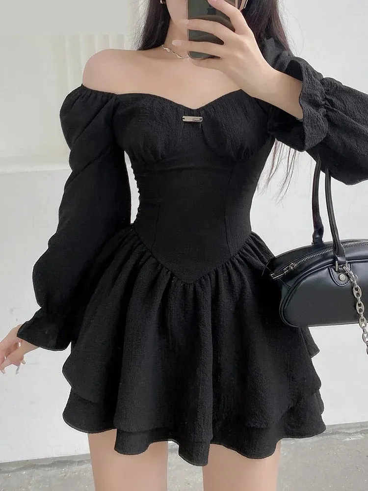 Autumn Spring Elegant Fashion A Line Sexy Slim Solid Square Collar Puff Sleeve Mini Dresses For