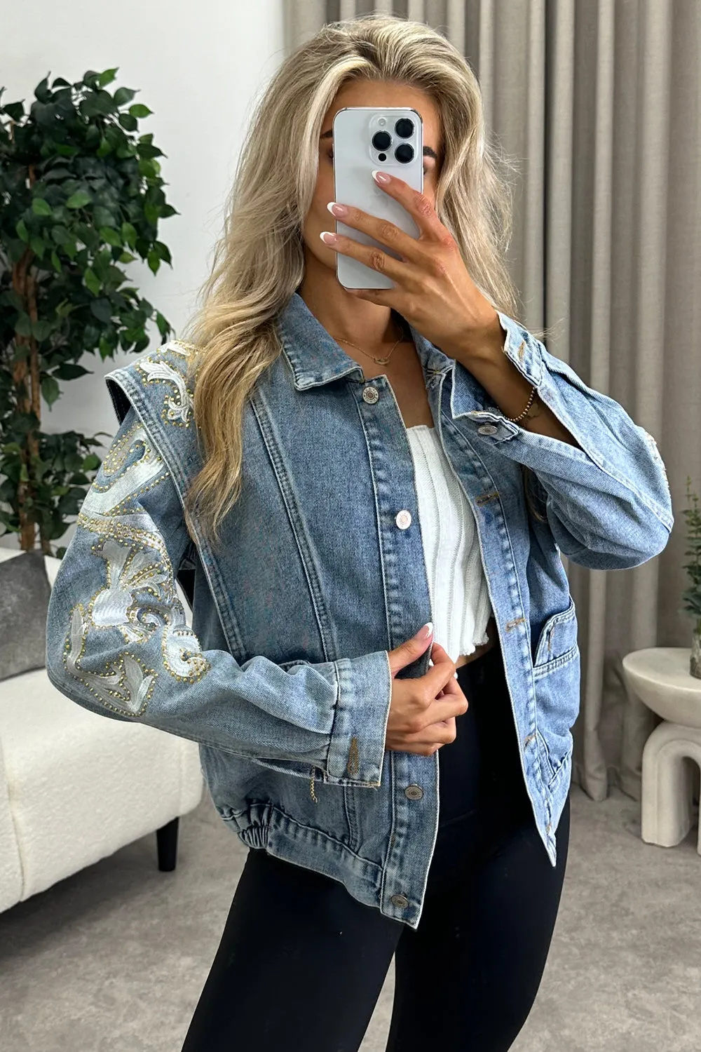 Beandra Blue Studded Embellished Denim Jacket