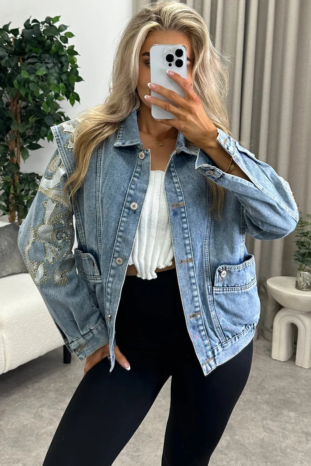 Beandra Blue Studded Embellished Denim Jacket