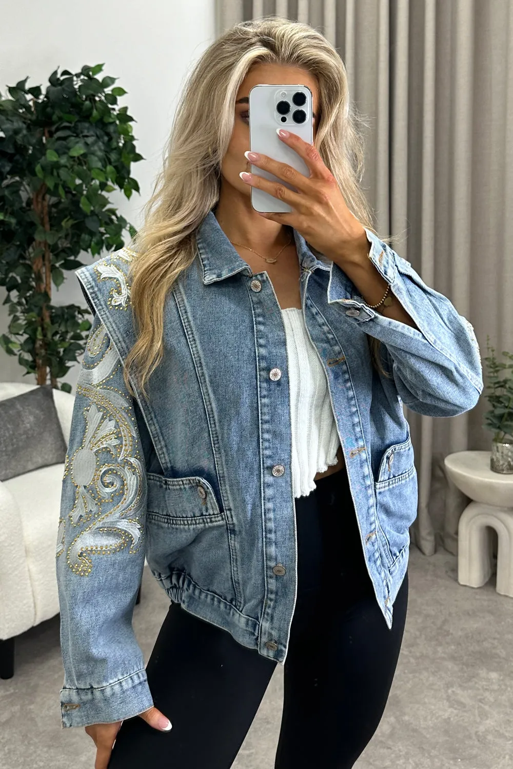 Beandra Blue Studded Embellished Denim Jacket