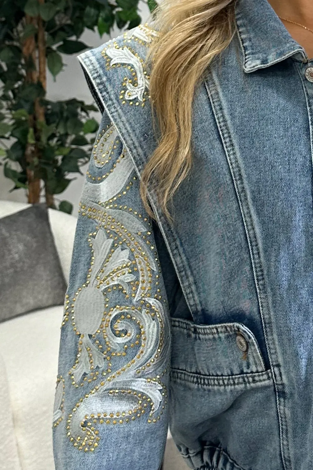 Beandra Blue Studded Embellished Denim Jacket