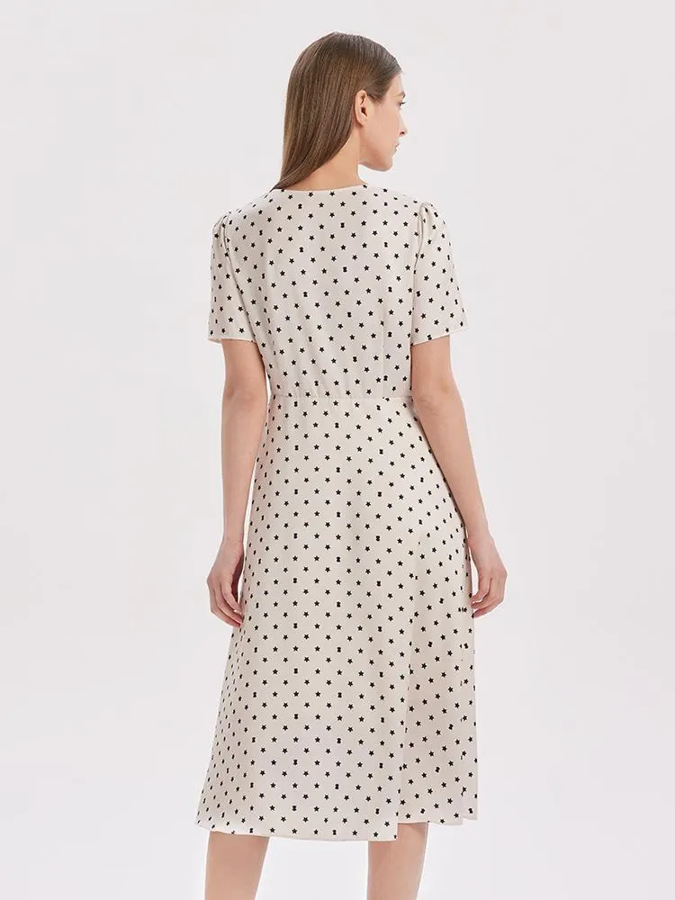 Beige Combo Print V-Neck Twisted Polka Dot Midi Dress