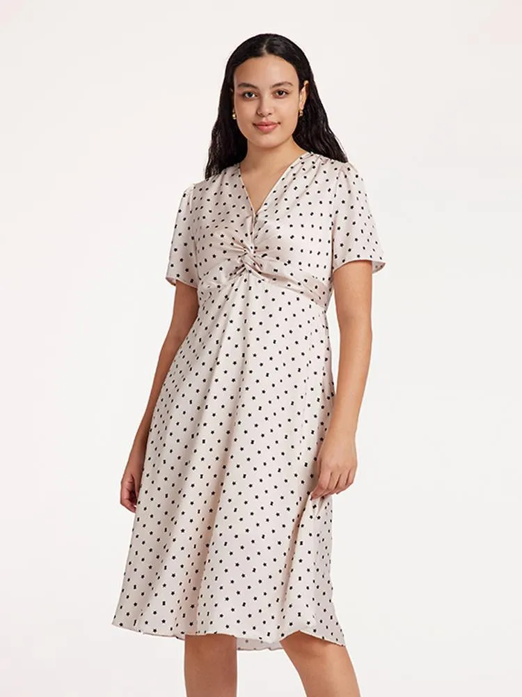 Beige Combo Print V-Neck Twisted Polka Dot Midi Dress