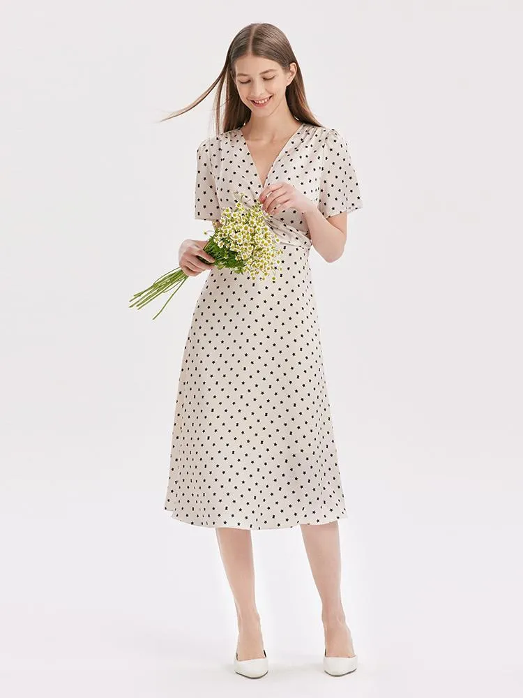 Beige Combo Print V-Neck Twisted Polka Dot Midi Dress