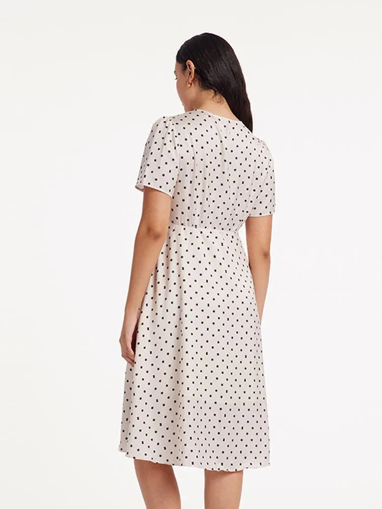 Beige Combo Print V-Neck Twisted Polka Dot Midi Dress