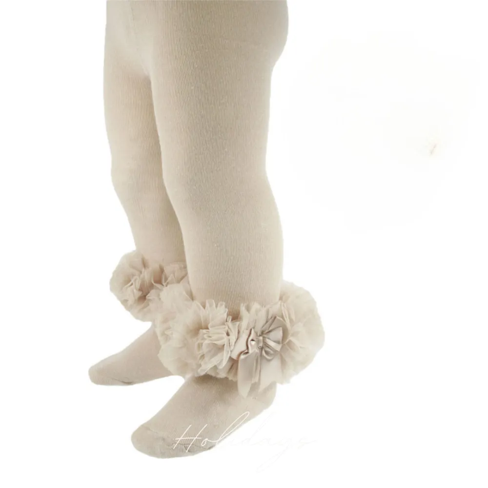 Beige Frilly Cotton Rich Tights