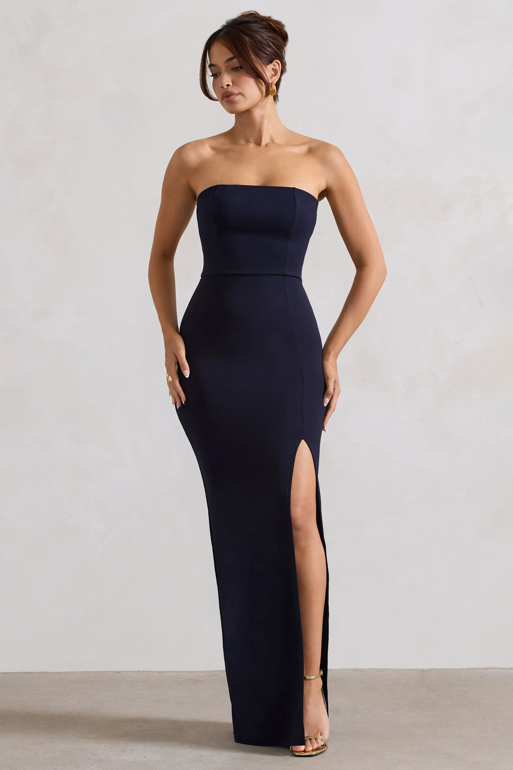 Belle of The Ball | Navy Bandeau Maxi Dress With Split Hem