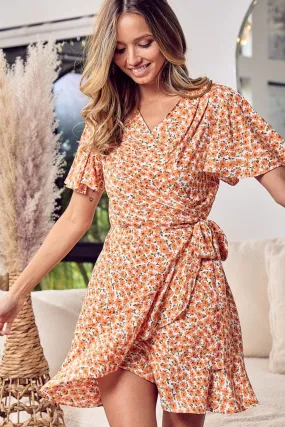 BiBi Floral Mini Wrap Dress with Tied Short Sleeves - Summer Beach Wedding Guest Dress for Women