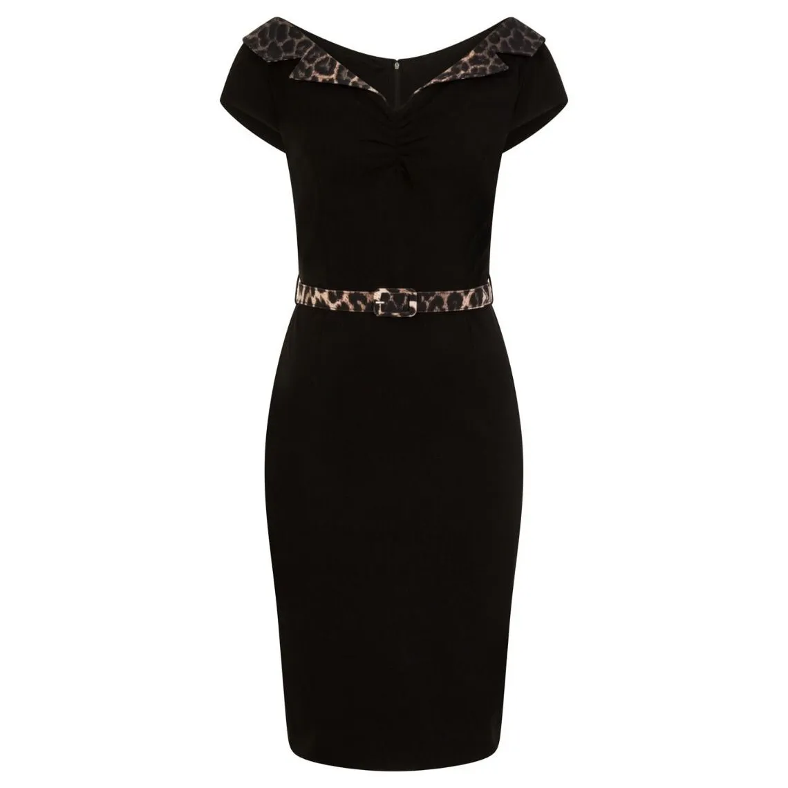 Black And Leopard Print Detail Belted Capped Sleeve Pencil Dress