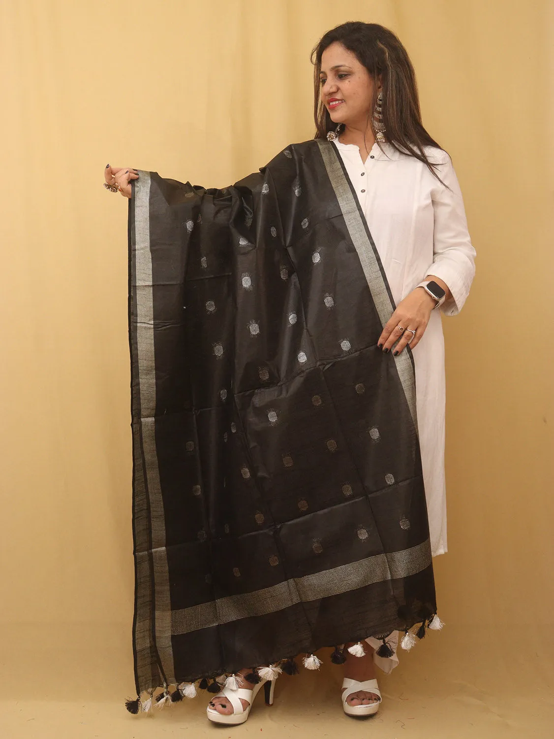 Black Bhagalpur Handloom Linen Cotton Dupatta